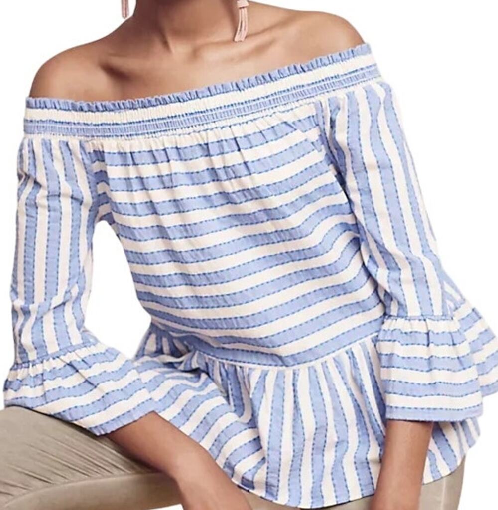 Anthropologie Maeve Striped Off The Shoulder Top Peplum Bell Sleeve Blue White S